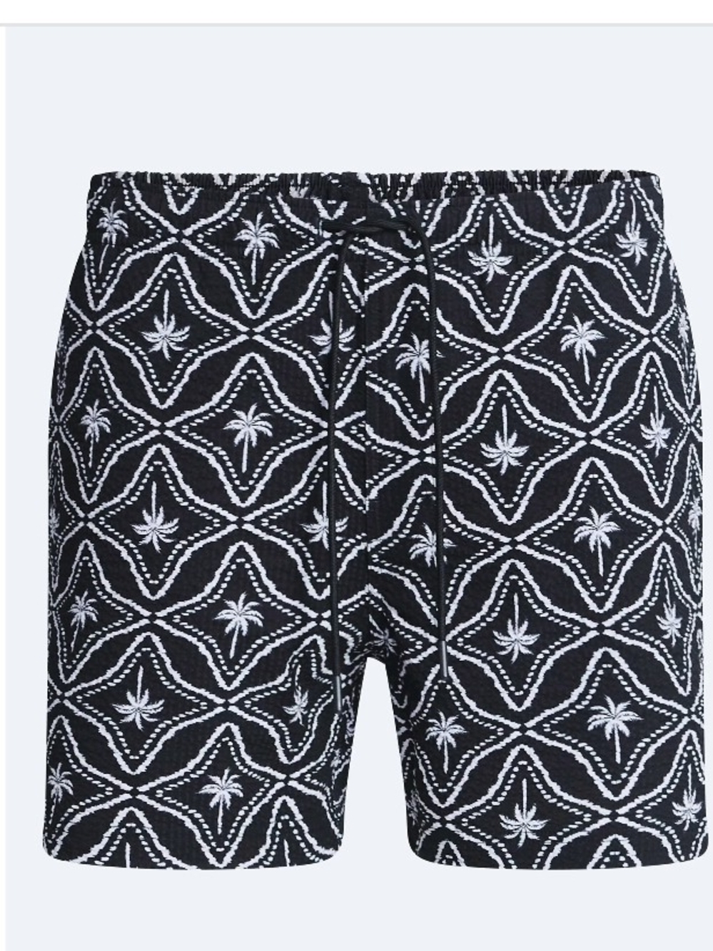 NWT Free Assembly Men's 5" Swim Trunks Seersucker Palm Tree Print Black White